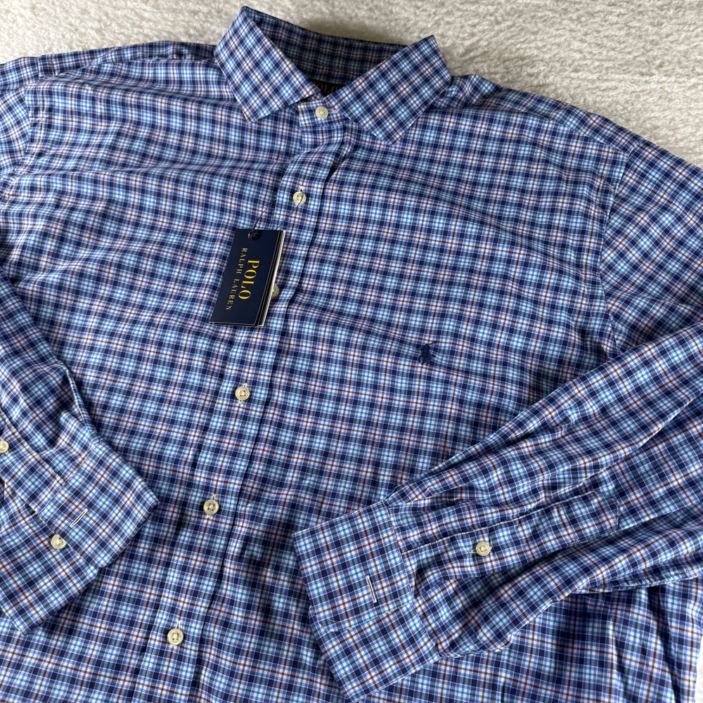POLO RALPH LAUREN Mens 2XB Big Multi Blue Plaid Performance Button Shirt NWT